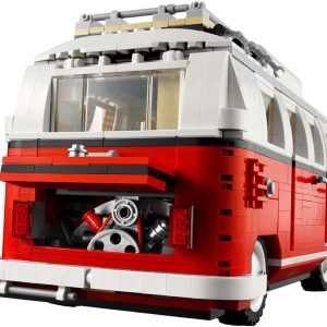 Back view of a vibrant LEGO Volkswagen T1 Camper Van model showcasing intricate design details.