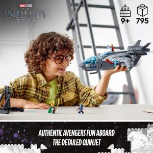 Young builder joyfully assembles a detailed LEGO Quinjet in Avengers-themed playtime adventure.