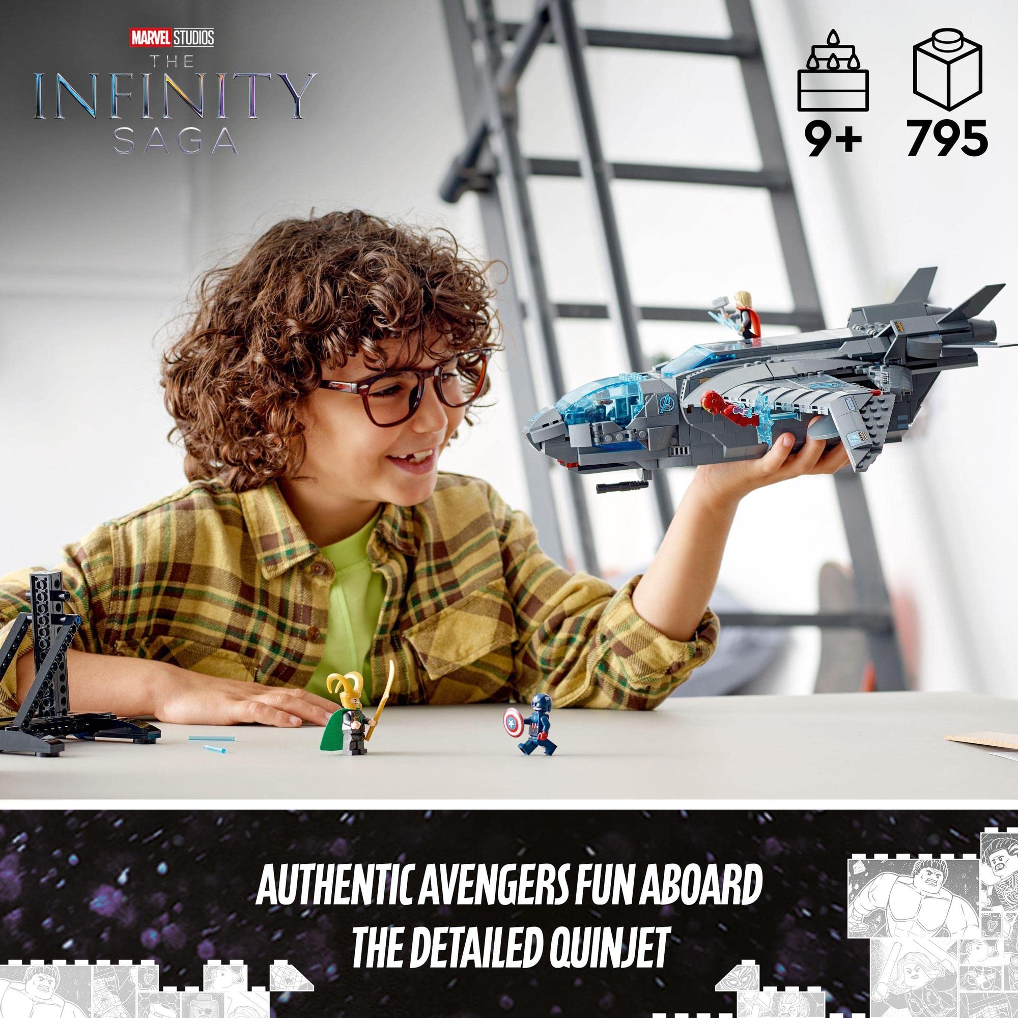 Young builder joyfully assembles a detailed LEGO Quinjet in Avengers-themed playtime adventure.