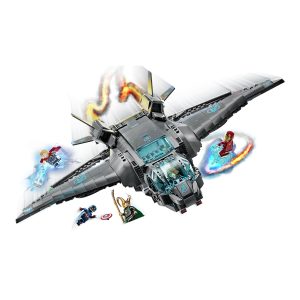 Sleek LEGO futuristic aircraft set with vibrant superhero mini-figures for imaginative play.