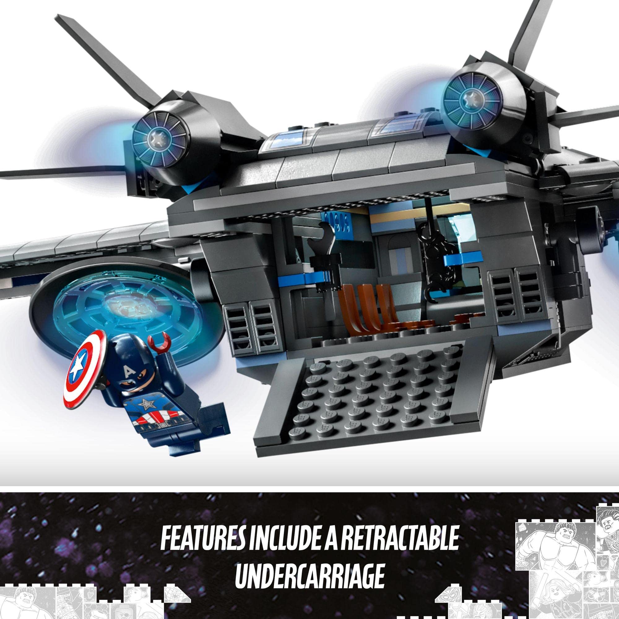 Futuristic superhero aircraft LEGO set with mini figure, rotor blades, and interactive features.