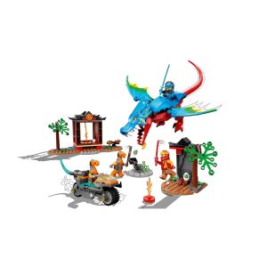 Vibrant LEGO adventure with colorful characters, a majestic dragon, and an enchanting backdrop.