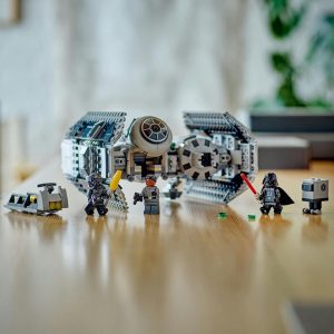 LEGO starfighter showdown with minifigures in action, featuring vibrant sci-fi details and adventure.