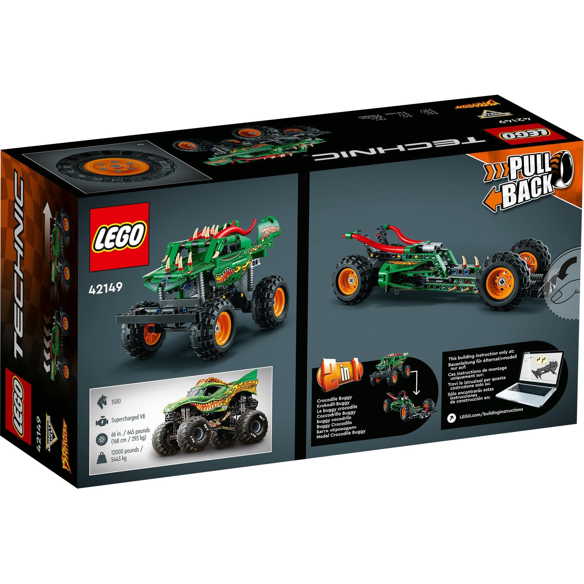 LEGO Technic 42149 Pull-Back Monster Truck set with vibrant design and interactive features.
