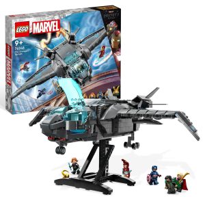 LEGO Marvel Aircraft Set with vibrant superhero mini-figures, featuring a sleek design and transparent cockpit.