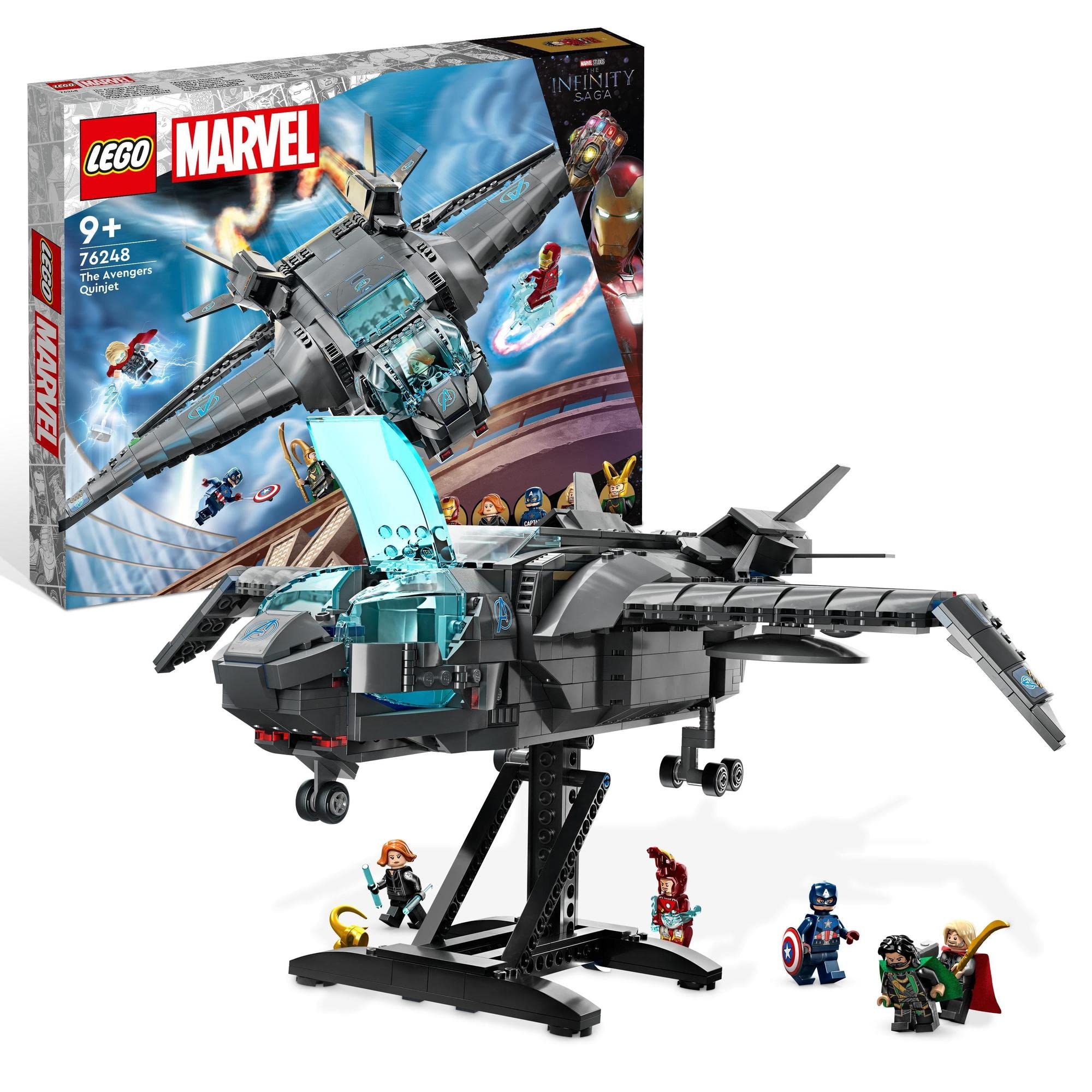 LEGO Marvel Aircraft Set with vibrant superhero mini-figures, featuring a sleek design and transparent cockpit.