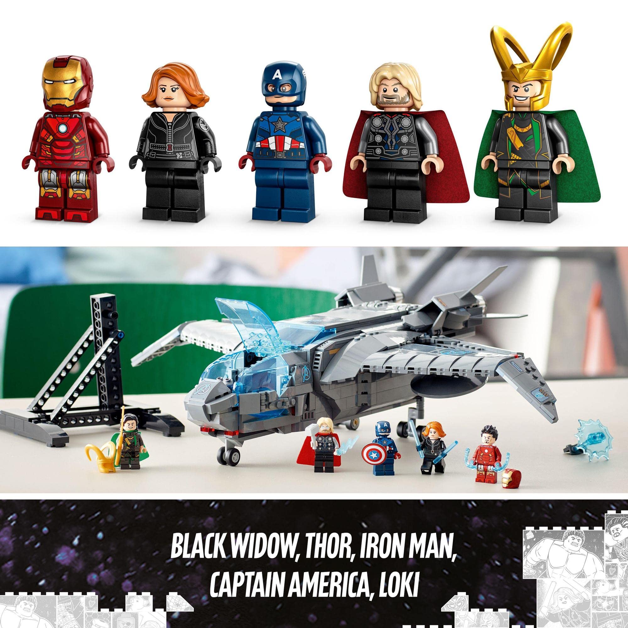 Marvel LEGO Space Adventure Set with Iron Man, Black Widow, Captain America, Thor, and Loki.