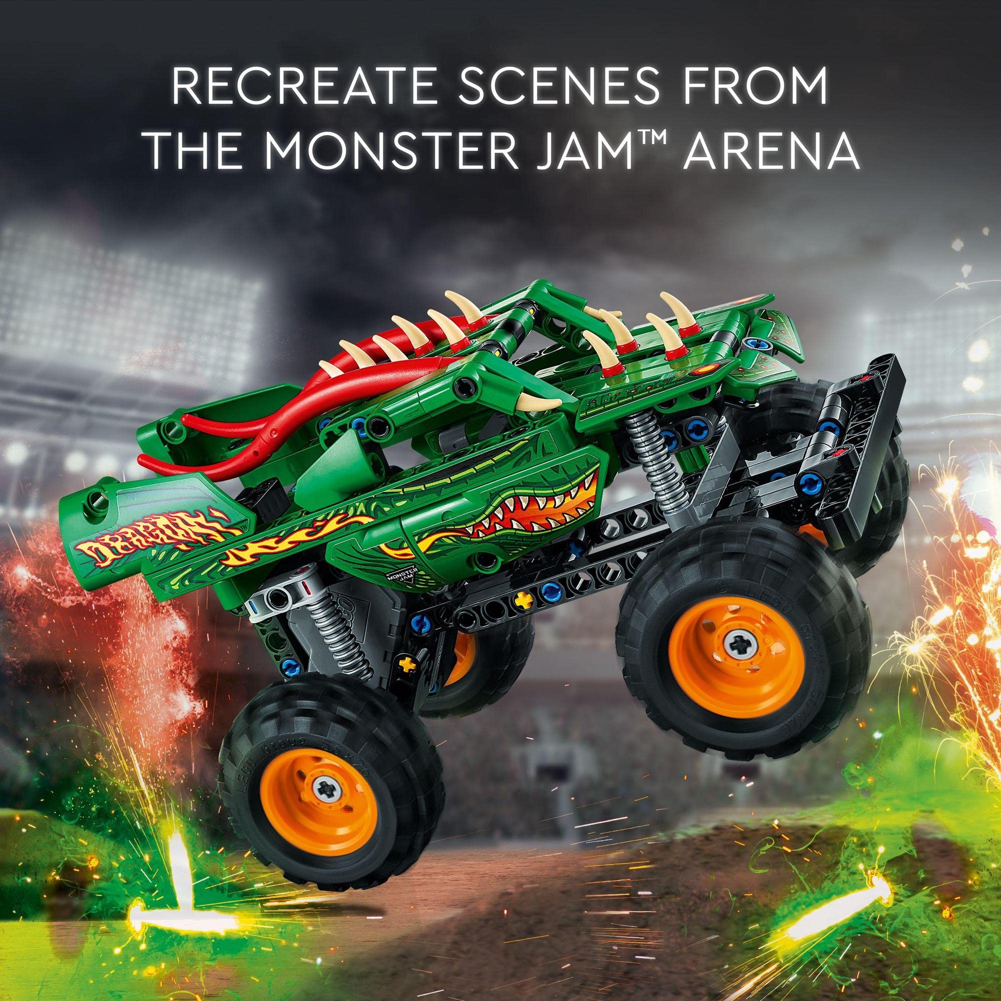 Dragon-themed monster truck in vibrant green, perfect for thrilling arena action and imaginative play.