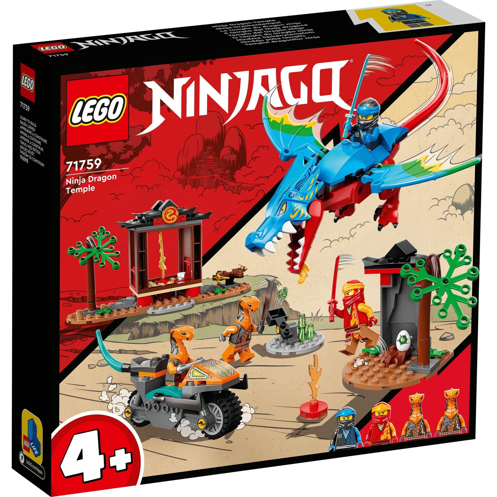 LEGO Ninjago Ninja Dragon Temple set 71759 with dragon, minifigures, and imaginative play elements.