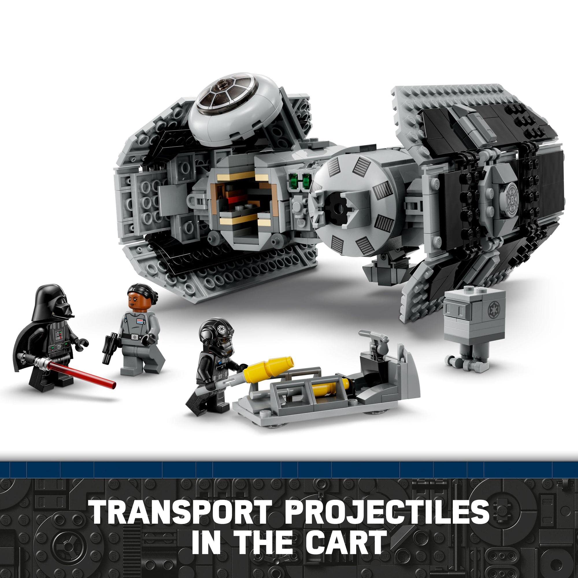 LEGO Star Wars TIE Fighter set featuring Darth Vader, a stormtrooper, and a projectile cart.