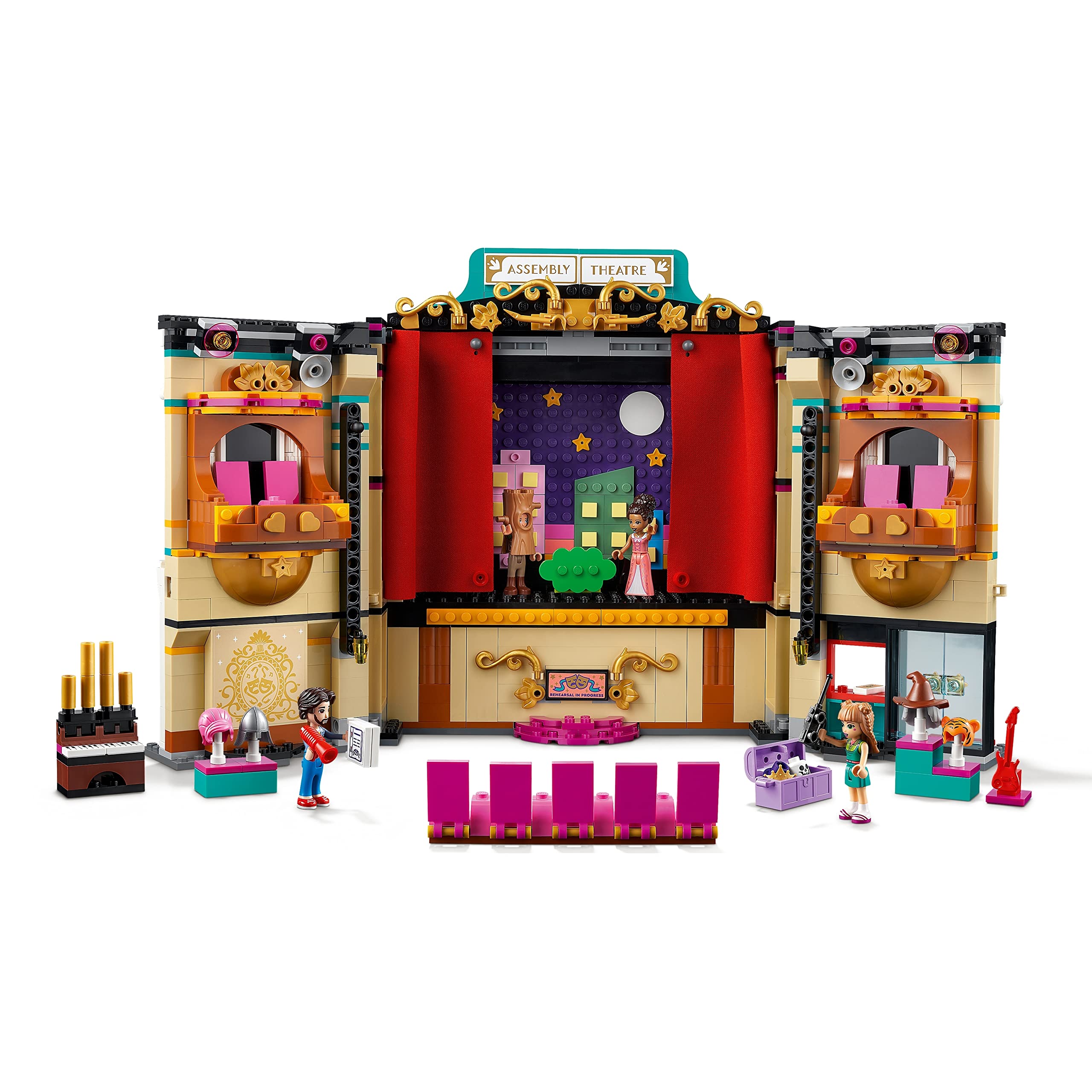 Colorful theater playset inspires imaginative performances with detailed scenery and interactive seating.