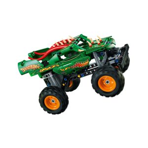 Bold green monster truck with flames and dinosaur design, perfect for imaginative play and adventure.