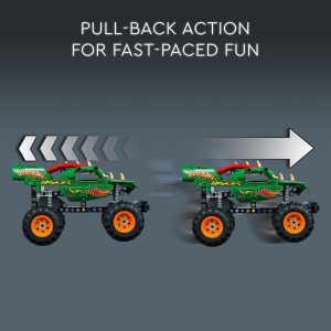 Colorful jungle pull-back monster truck for kids, featuring rugged wheels and exciting action play.