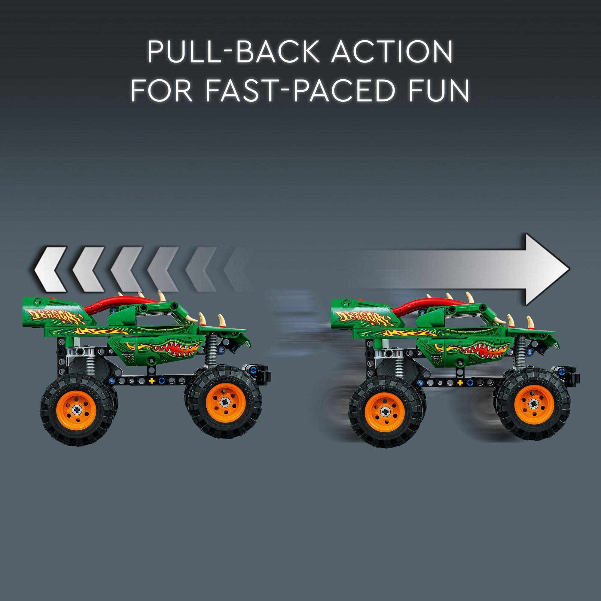 Colorful jungle pull-back monster truck for kids, featuring rugged wheels and exciting action play.