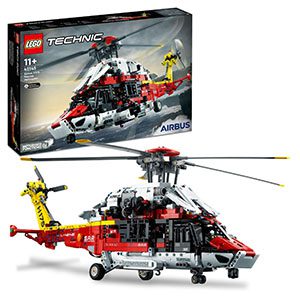 Airbus LEGO Technic Helicopter model with vibrant colors, realistic features, and a rescue worker figure.