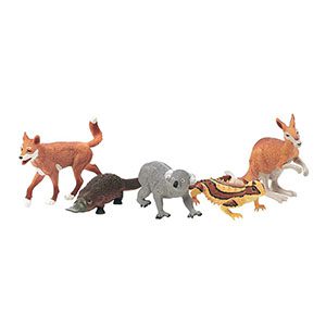 Charming animal figurines: red fox, platypus, koala, and bearded dragon in vibrant colors.