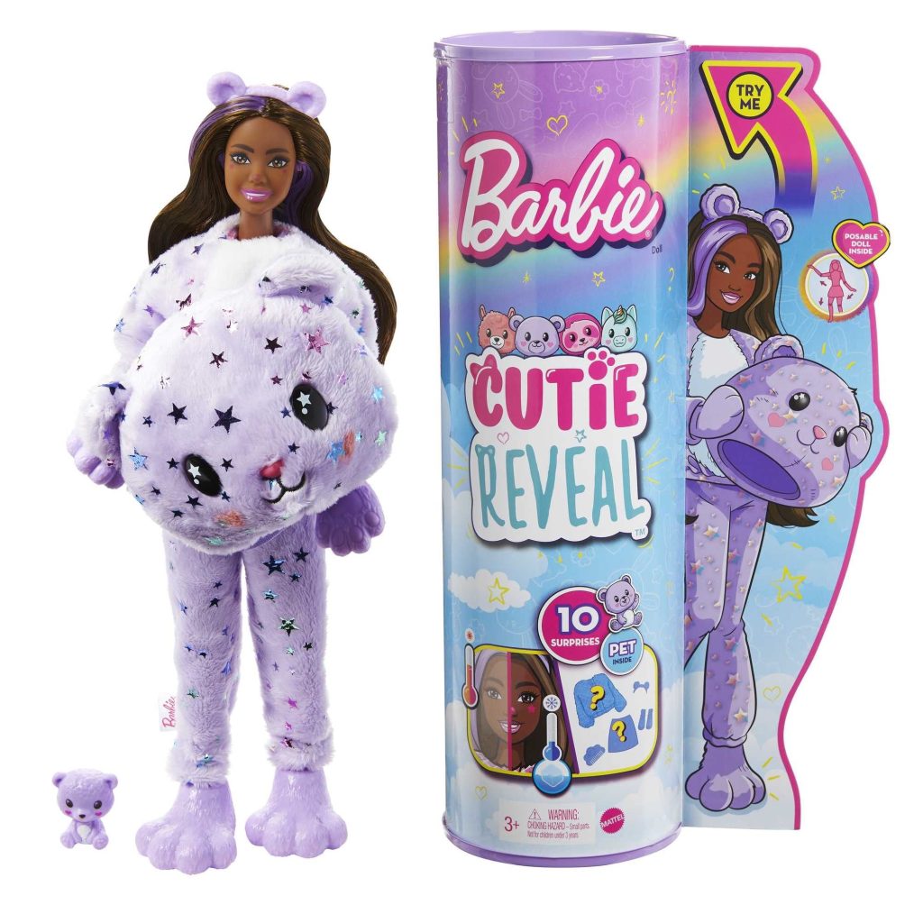 Barbie Cutie Reveal Doll with plush friend and ten surprises for imaginative play.