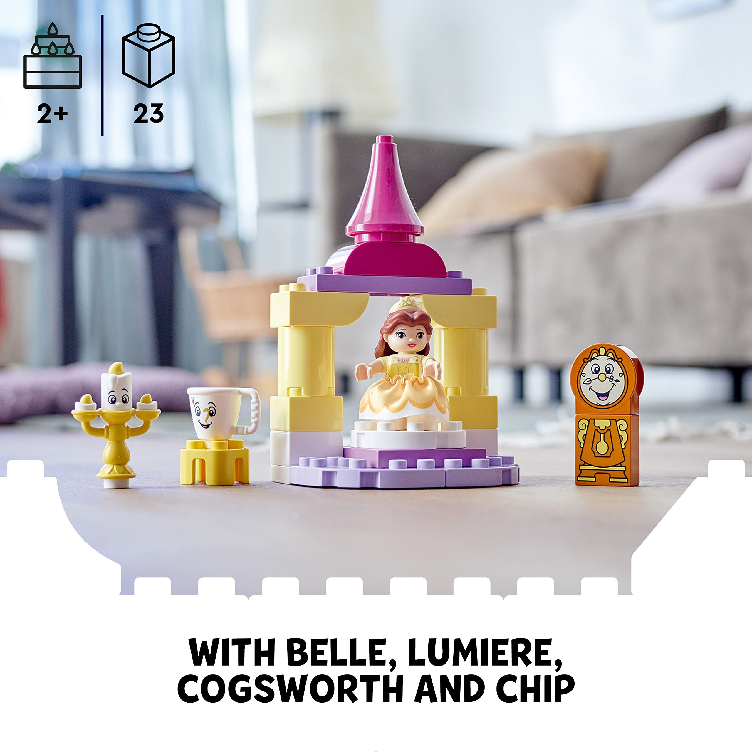 LEGO Beauty and the Beast set with Belle, Lumière, Cogsworth, and Chip for imaginative play.