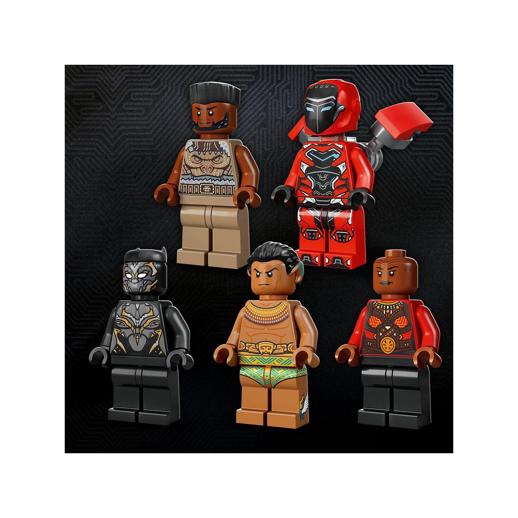 Colorful LEGO minifigures including Black Panther showcase diverse heroes and warriors against a dark backdrop.