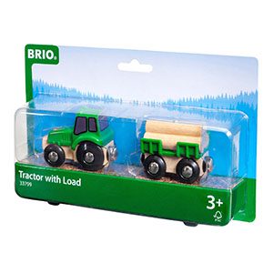 Bright green BRIO tractor and log trailer inspire imaginative play for children age three and up.