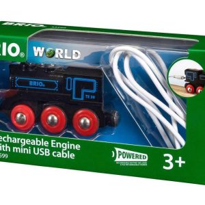Colorful BRIO rechargeable engine toy, eco-friendly, compatible with train system, for ages 3+.