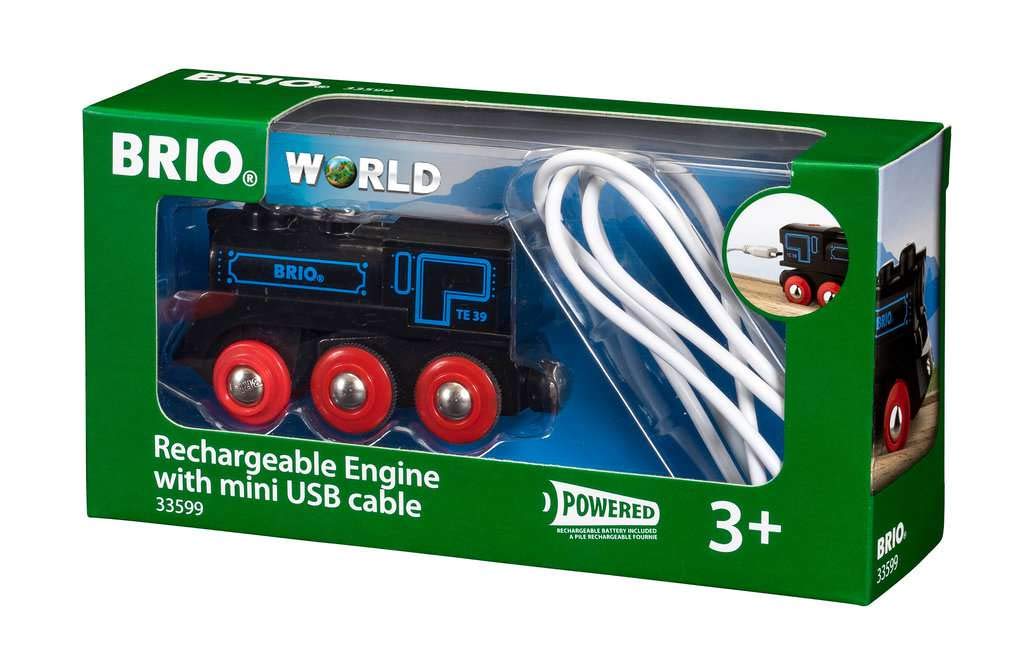 Colorful BRIO rechargeable engine toy, eco-friendly, compatible with train system, for ages 3+.