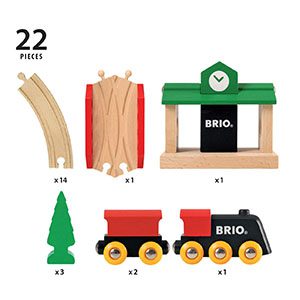 BRIO 22-piece wooden toy train set for creative play with train, tracks, station, and accessories.