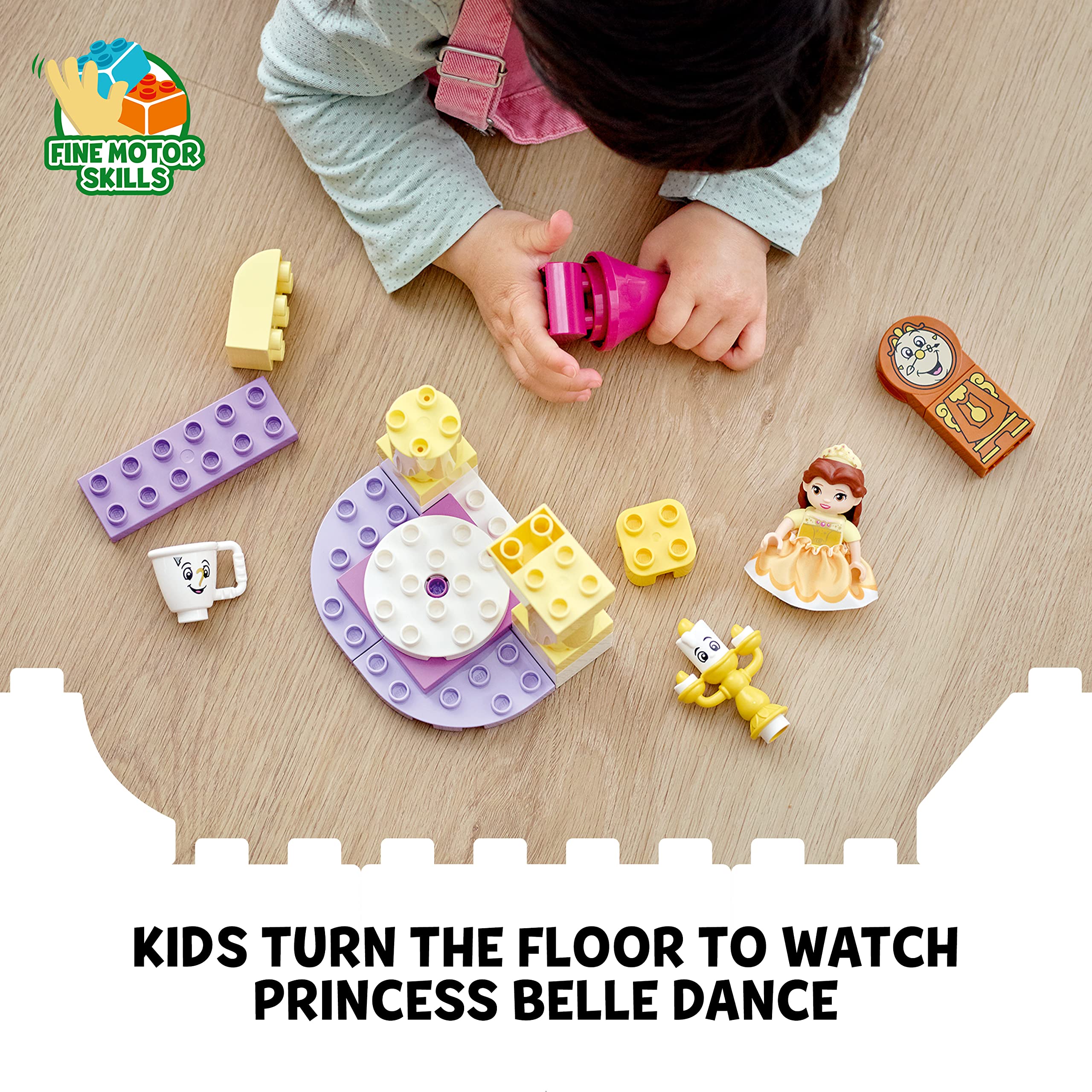 Children play creatively with Princess Belle and colorful blocks, enhancing fine motor skills.