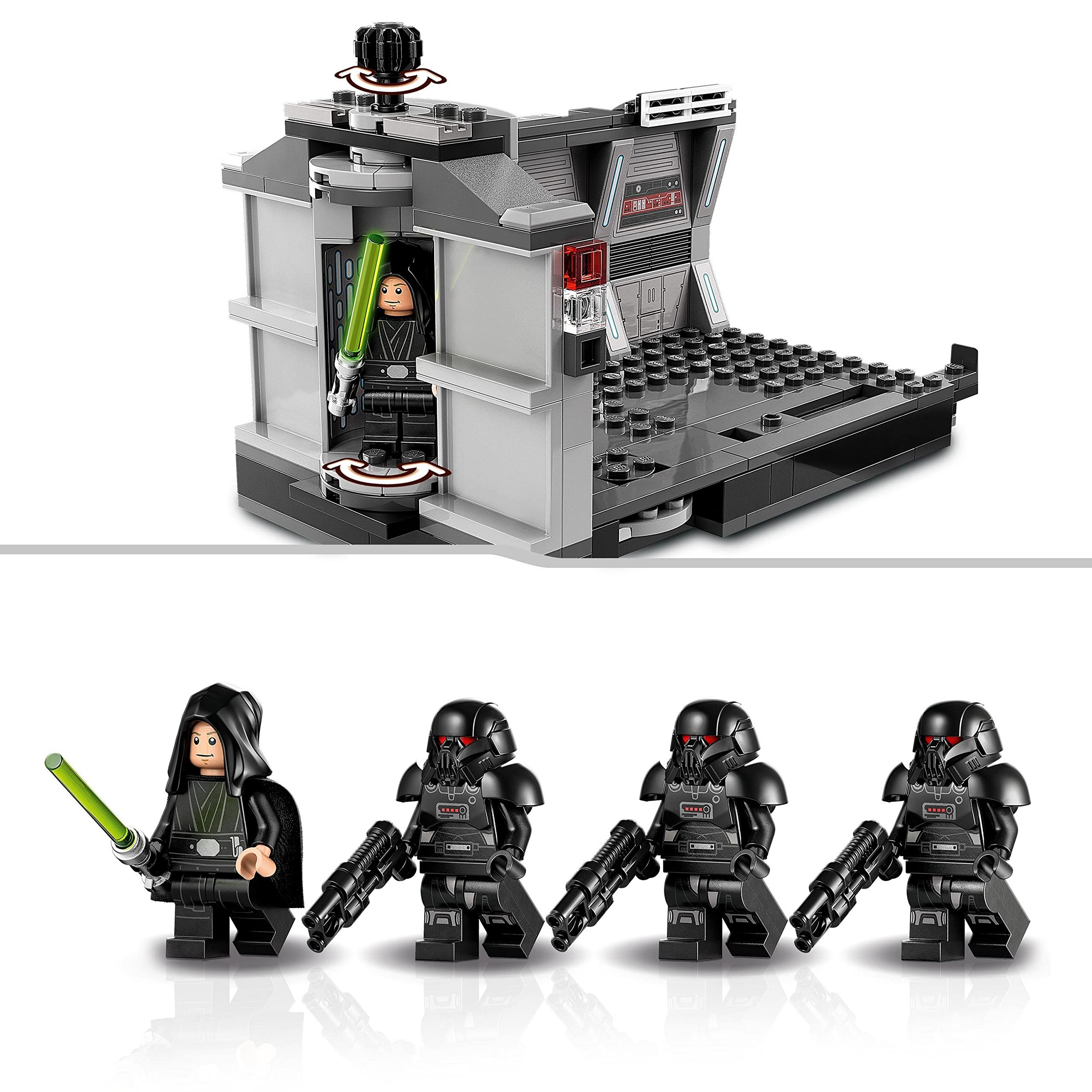 LEGO dark side command station with lightsaber-wielding minifigure and armored stormtroopers.