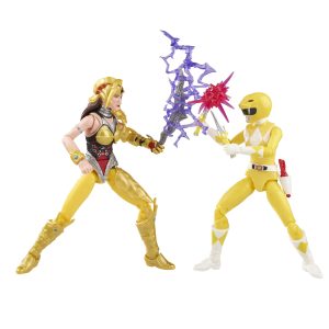 Epic showdown of female hero and male Power Ranger action figures in vibrant poses.