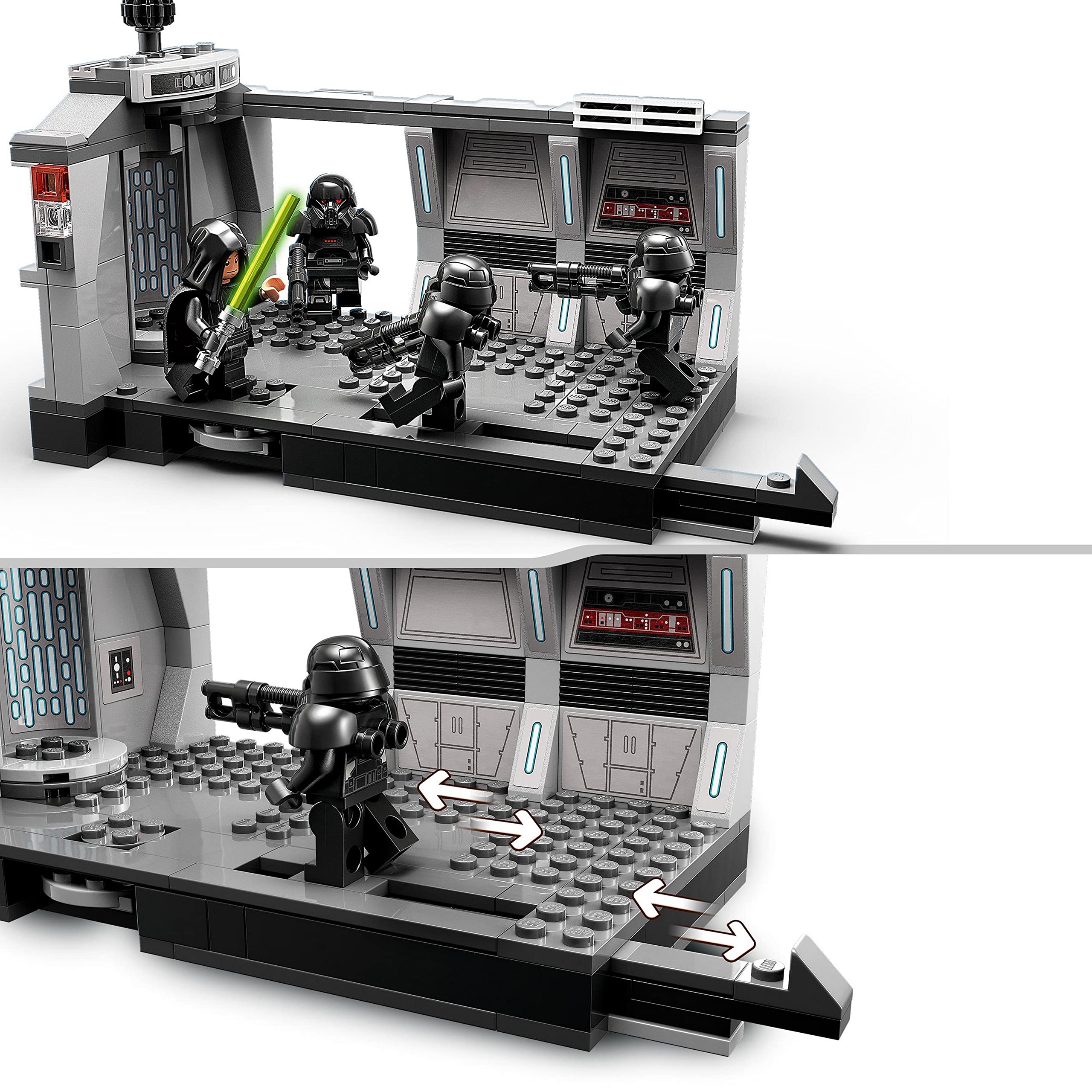 Futuristic LEGO command center with action figures in a sci-fi battle scene.