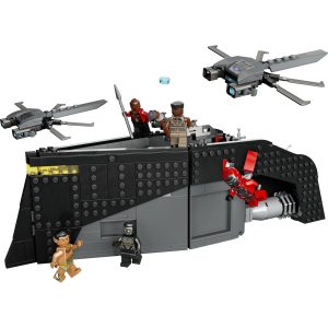 Futuristic military LEGO vehicle with action figures and drones for imaginative play and storytelling.