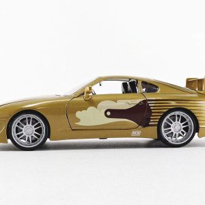 Golden die-cast sports car model with stylish graphics, reminiscent of the classic Toyota Supra.