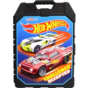 Hot Wheels carry case showcasing two race cars and the phrase CHALLENGE ACCEPTED.