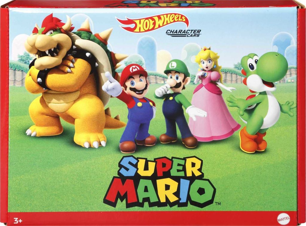 Hot Wheels Super Mario Adventure set includes Mario, Luigi, Peach, Yoshi, and Bowser vehicles.