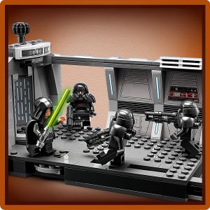 Jedi lightsaber duel against armored foes in a futuristic LEGO battle scene.