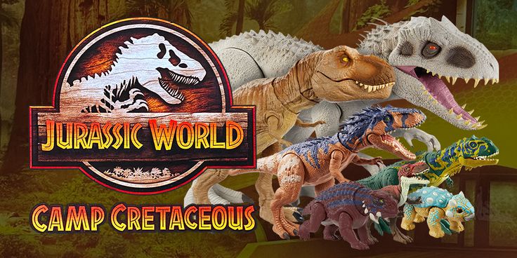 Jurassic World: Camp Cretaceous graphic featuring the logo and vibrant dinosaurs in a jungle scene.