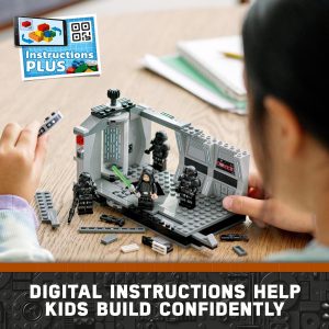 Child creatively builds a futuristic LEGO structure using colorful bricks and digital instructions.