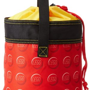 Colorful LEGO bag with a drawstring closure, embossed brick design, and sturdy black handle.