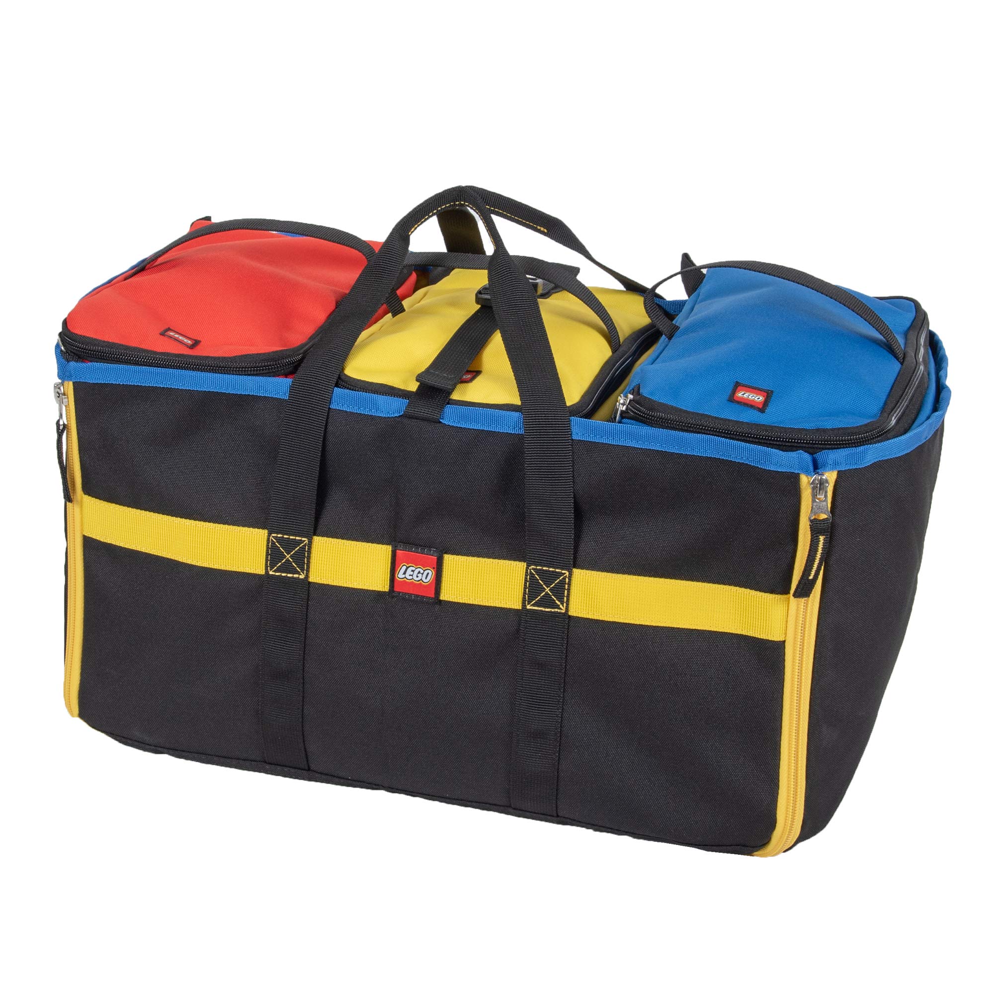 Colorful Lego duffel bag for kids and adults, perfect for toys and sports gear.