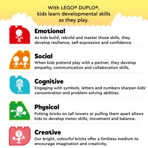 LEGO® DUPLO® play fosters essential emotional, social, cognitive, physical, and creative skills in children.