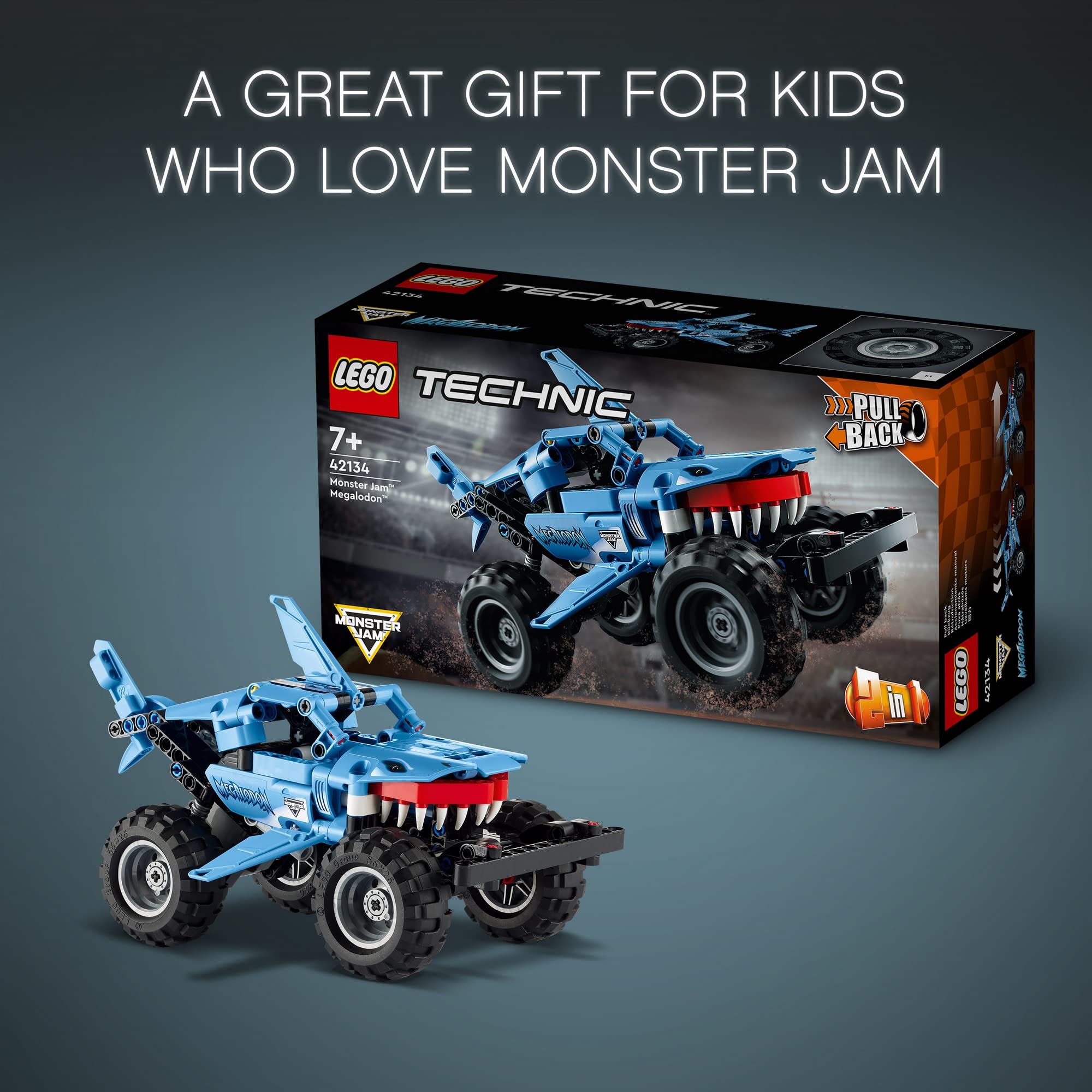 Vibrant blue shark monster truck LEGO Technic set for kids, inspiring creative and dynamic play.