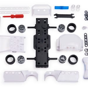 Model car assembly kit featuring a black chassis, police design, tools, and functional tires.