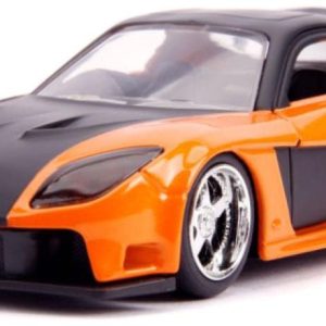 Vibrant orange model car with black accents, showcasing an aerodynamic design for speed enthusiasts.