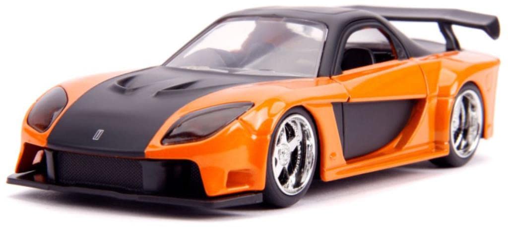 Vibrant orange model car with black accents, showcasing an aerodynamic design for speed enthusiasts.