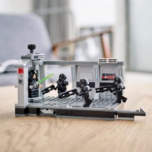 LEGO sci-fi duel in command room: lightsaber versus troopers in a dramatic, high-tech scene.