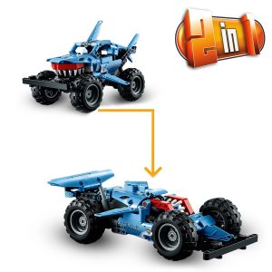 Transforming shark vehicle and race car toy for creative building and imaginative play.