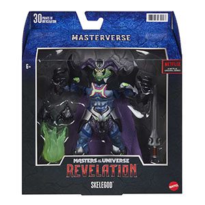 Collectible Skelgod action figure from Masters of the Universe: Revelation with intricate details and accessories.