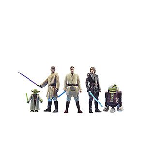 Iconic Star Wars Jedi figures, including Yoda, Mace Windu, Obi-Wan, Anakin, and R2-D2 with lightsabers.
