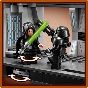 Epic LEGO showdown: cloaked hero battles armored villain in a futuristic space setting.